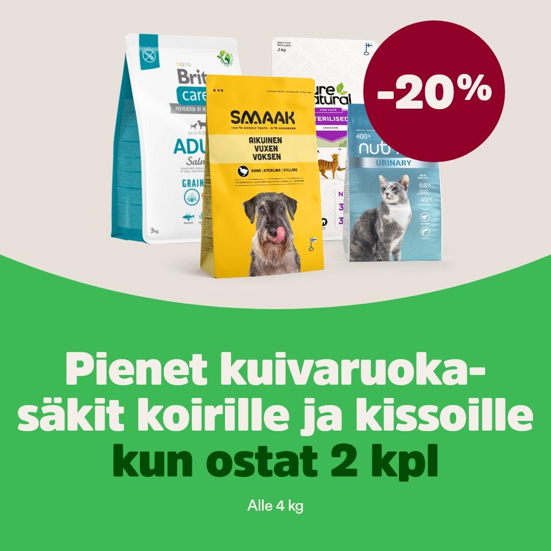 Kaikki alle 4kg kuivaruokasäkit koirille ja kissoille, kun ostat 2kpl